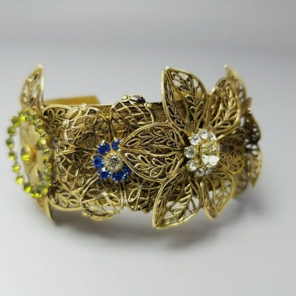 Vintage Blue Green Rhinestone Flower Filigree Cuff Bangle Bracelet, Gold Tone - Picture 1 of 9